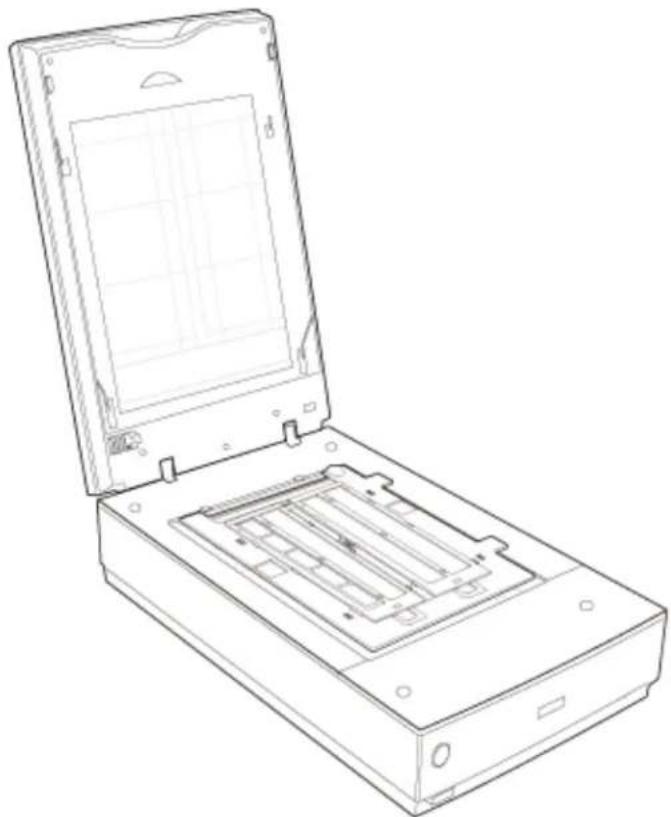 Line drawing of a device open with a rectangular tray and internal compartments.