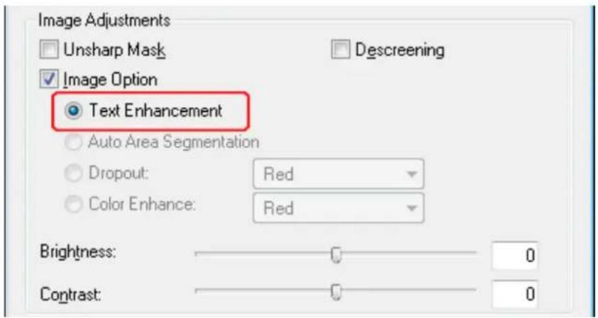 Image Adjustments Unsharp Mask Descreening Image Option Text Enhancement Auto Area Segmentation Dropout: Red Color Enhance: Red Brightness: 0 Contrast: 0