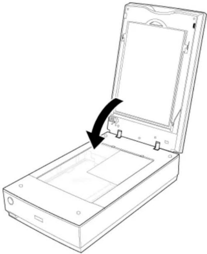 Line drawing of an open scanner with a black arrow indicating the open lid area (no text or symbols present)