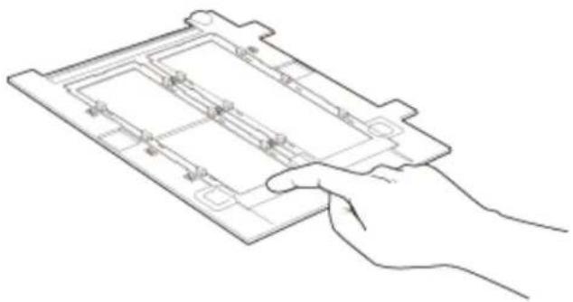 Line drawing of a hand holding a rectangular electronic device with internal components.