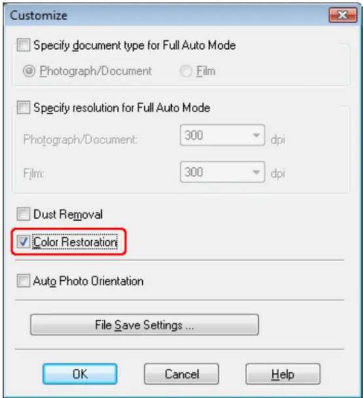 Customize Specify document type for Full Auto Mode Photograph/Document Film Specify resolution for Full Auto Mode Photograph/Document: 300 dpi Film: 300 dpi Dust Removal Color Restoration Auto Photo Orientation File Save Settings ... OK Cancel Help
