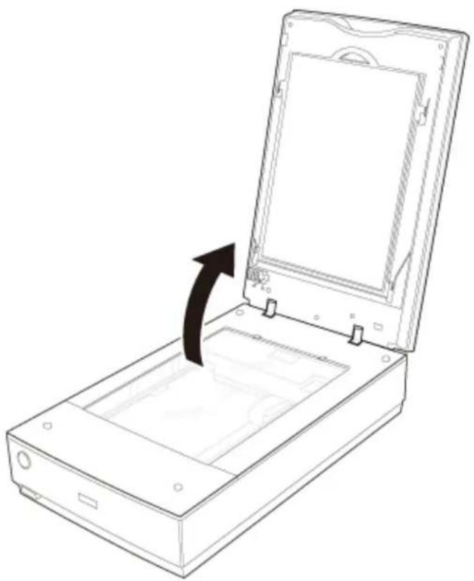 Line drawing of an open electronic device with a black arrow indicating the open lid and base, showing internal components (no text or symbols)
