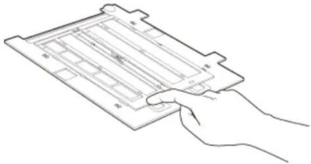 Line drawing of a hand holding a rectangular electronic device with internal components.