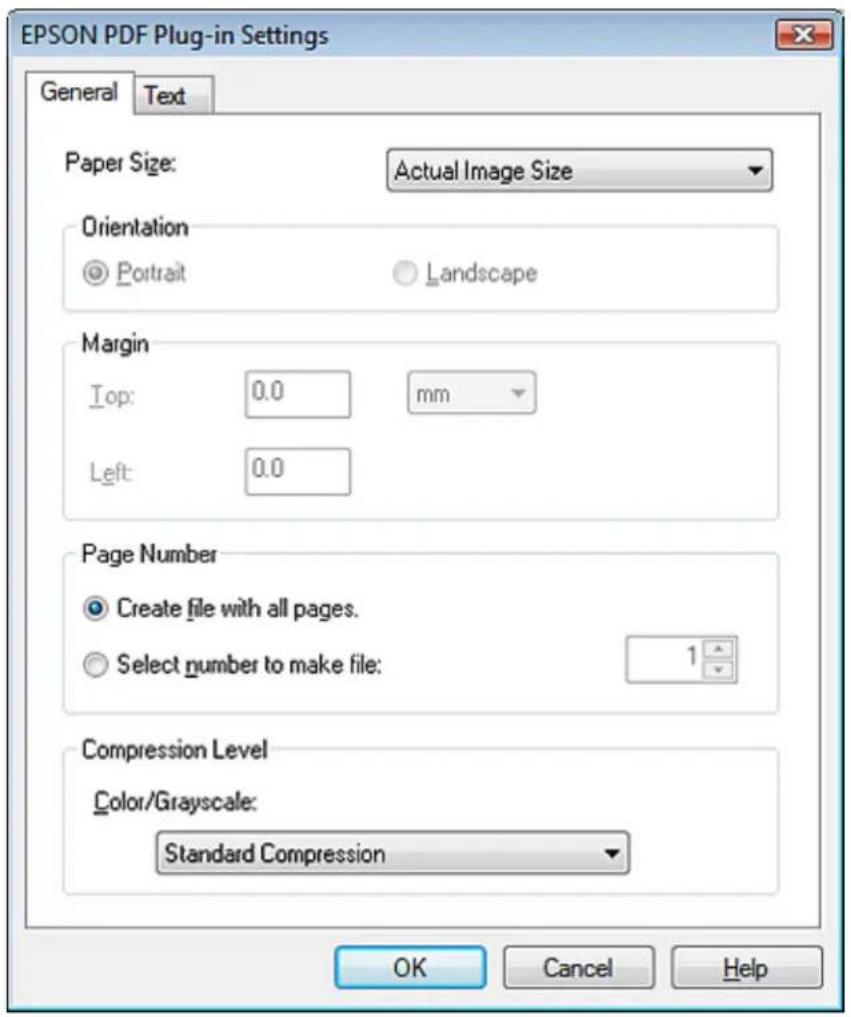 EPSON PDF Plug-in Settings General Text Paper Size: Actual Image Size Orientation ◎ Portrait ○ Landscape Margin Top: 0.0 mm Left: 0.0 Page Number ● Create file with all pages. ○ Select number to make file: 1 Compression Level Color/Grayscale: Standard Compression OK Cancel Help