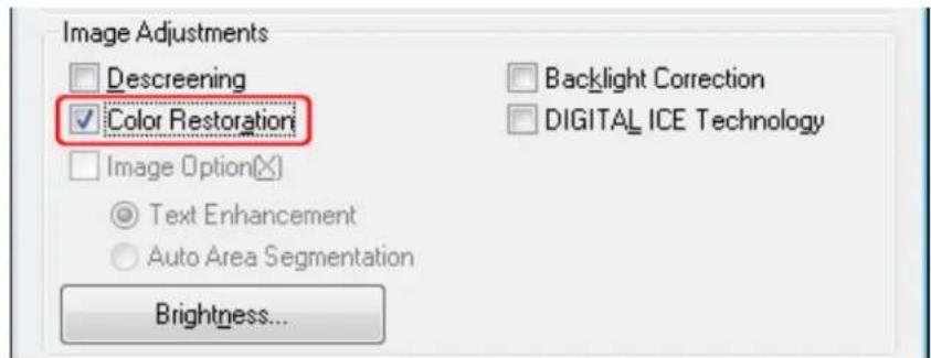 Image Adjustments Descreening Color Restoration Image Option(×) Text Enhancement Auto Area Segmentation Brightness...
