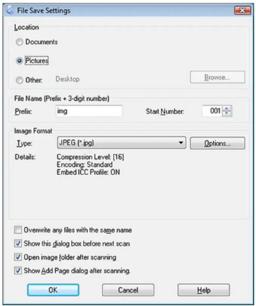 File Save Settings Location Documents Pictures Other: Desktop Browse... File Name (Prefix + 3-digit number) Prefix: img Start Number: 001 Image Format Type: JPEG (*.jpg) Options... Details: Compression Level: [16] Encoding: Standard Embed ICC Profile: ON Overwrite any files with the same name Show t…