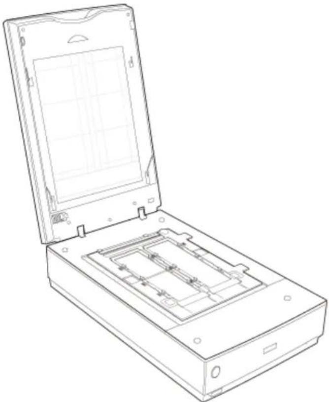 Line drawing of a device open with a rectangular housing and internal compartments.