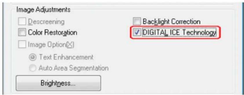 Image Adjustments □ Descreening □ Color Restoration □ Image Option(×) ○ Text Enhancement ○ Auto Area Segmentation Brightness... □ Backlight Correction ✓ DIGITAL ICE Technology Brightness...
