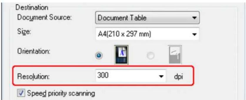Destination. Document Source: Document Table. Size: A4 (210 x 297 mm). Orientation. Resolution: 300 dpi. Speed priority scanning