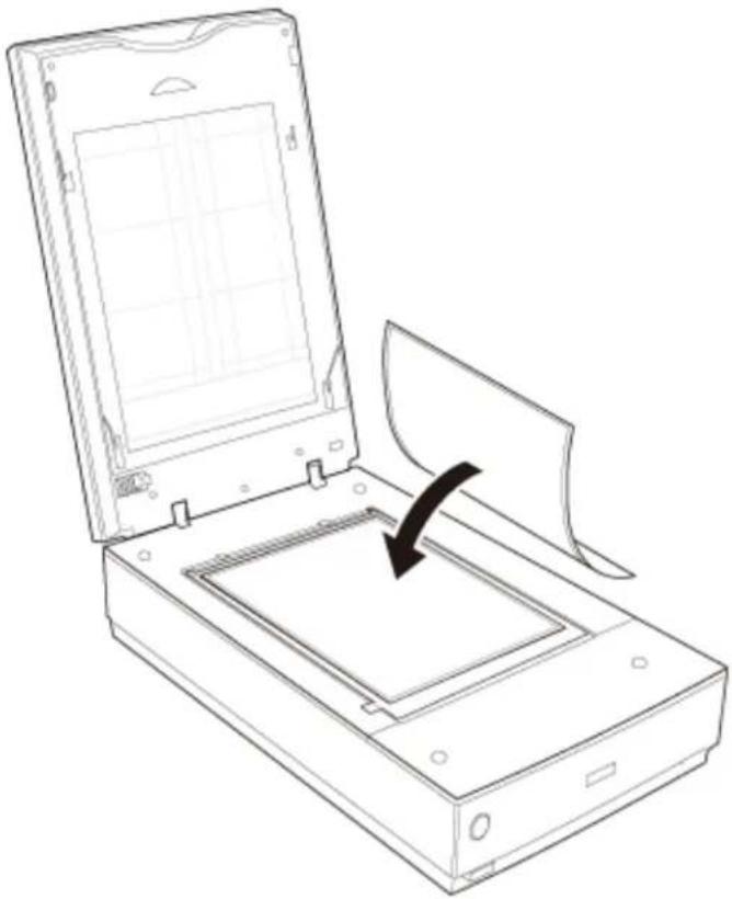 Line drawing of a printer with an open lid and a black arrow indicating the fold of paper (no text or symbols present).