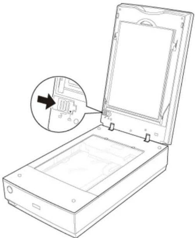Line drawing of an open electronic device with a close-up inset showing internal components (no text or symbols)