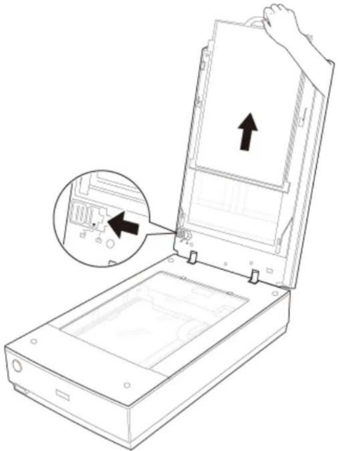 Line drawing of an open electronic device with a close-up inset showing internal components.