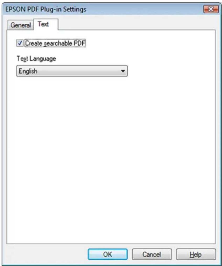 EPSON PDF Plug-in Settings General Text ✓ Create searchable PDF Text Language English OK Cancel Help