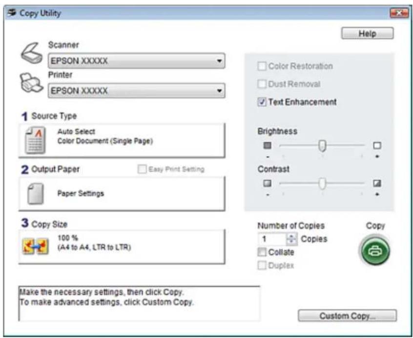 Copy Utility Scanner EPSON XXXXX Printer EPSON XXXXX 1 Source Type Auto Select Color Document (Single Page) 2 Output Paper Easy Print Setting Paper Settings 3 Copy Size 100 % (A4 to A4, LTR to LTR) Make the necessary settings, then click Copy. To make advanced settings, click Custom Copy. Help Color…