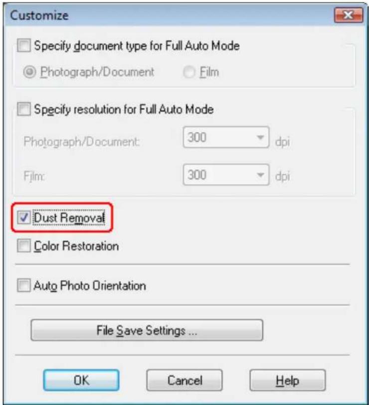 Customize Specify document type for Full Auto Mode Photograph/Document Film Specify resolution for Full Auto Mode Photograph/Document: 300 dpi Film: 300 dpi Dust Removal Color Restoration Auto Photo Orientation File Save Settings ... OK Cancel Help