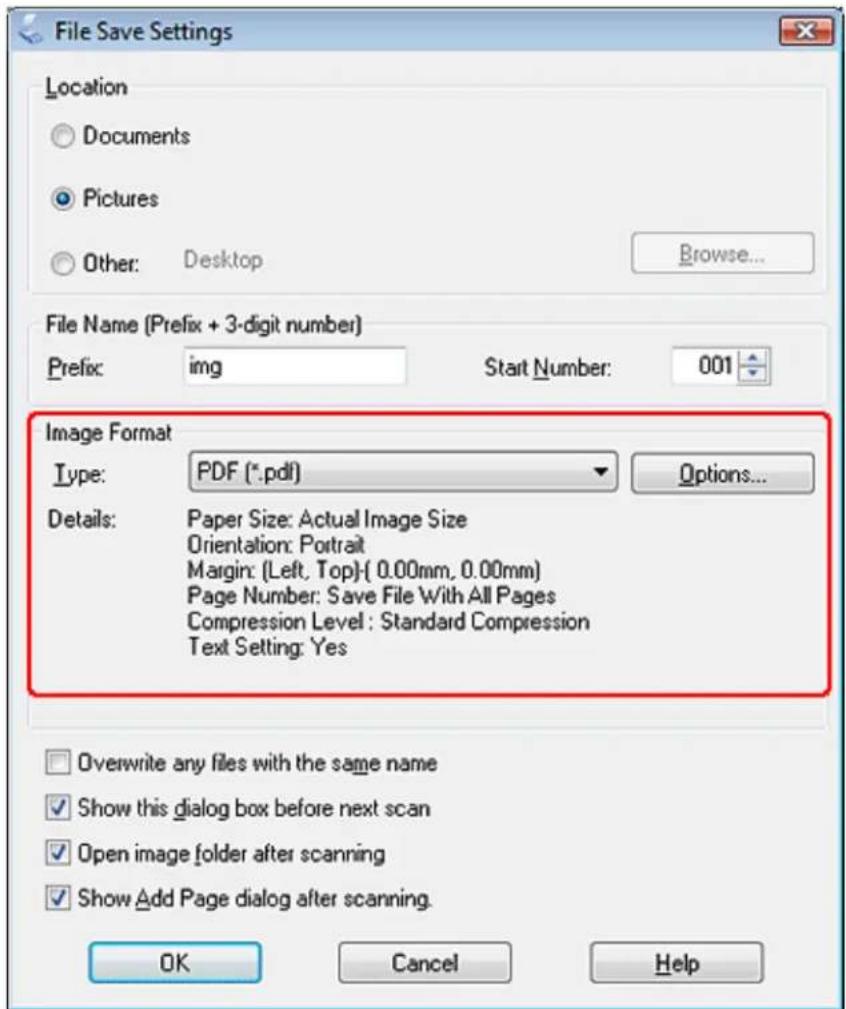 File Save Settings Location Documents Pictures Other: Desktop Browse... File Name (Prefix + 3-digit number) Prefix: img Start Number: 001 Image Format Type: PDF (*.pdf) Options... Details: Paper Size: Actual Image Size Orientation: Portrait Margin: (Left, Top)-( 0.00mm, 0.00mm) Page Number: Save Fil…