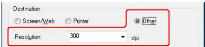 Destination: Screen/Web, Printer, Other. Resolution: 300 dpi