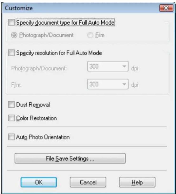 Customize. Specify document type for Full Auto Mode: Photograph/Document Film. Specify resolution for Full Auto Mode: Photograph/Document: 300 dpi; Film: 300 dpi. Dust Removal. Color Restoration. Auto Photo Orientation. File Save Settings ... OK Cancel Help
