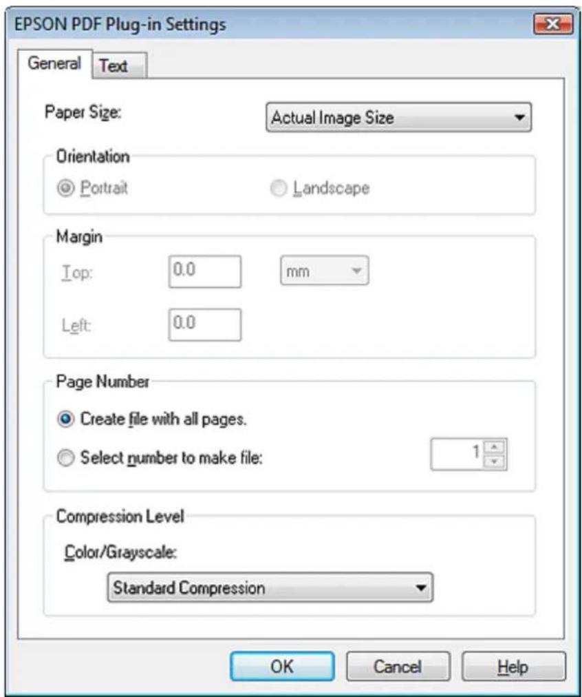 EPSON PDF Plug-in Settings General Text Paper Size: Actual Image Size Orientation Portrait Landscape Margin Top: 0.0 mm Left: 0.0 Page Number Create file with all pages. Select number to make file: 1 Compression Level Color/Grayscale: Standard Compression OK Cancel Help