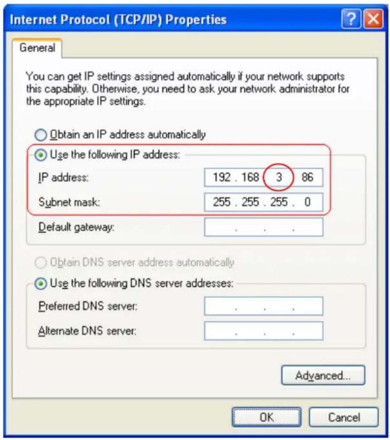 Internet Protocol (TCP/IP) Properties dialog. General tab. Options: 'Obtain an IP address automatically' and 'Use the following IP address:' with fields: IP address: 192.168.3.86, Subnet mask: 255.255.255.0, Default gateway: (blank). DNS options: 'Obtain DNS server address automatically' and 'Use th…