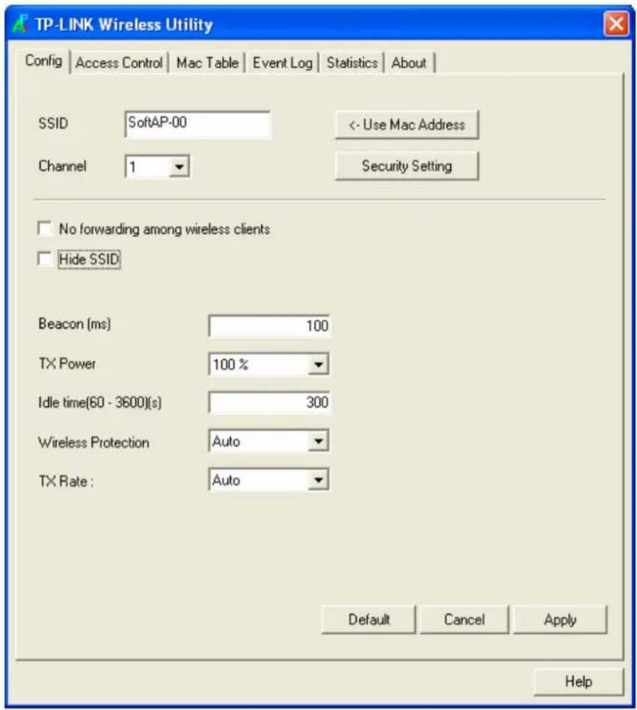 TP-LINK Wireless Utility Config | Access Control | Mac Table | Event Log | Statistics | About | SSID SoftAP-00 Channel 1 <- Use Mac Address Security Setting No forwarding among wireless clients Hide SSID Beacon (ms) 100 TX Power 100 % Idle time(60 - 3600)(s) 300 Wireless Protection Auto TX Rate: Aut…