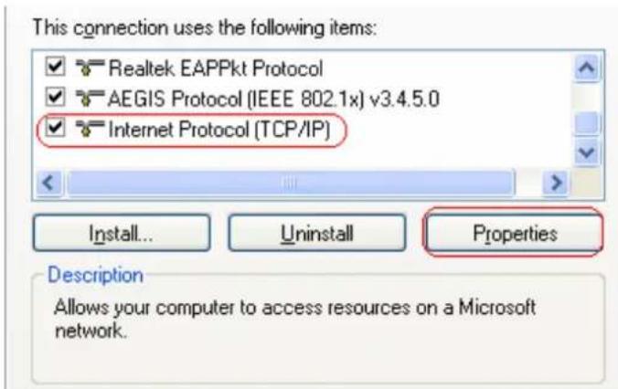 Properties dialog for a network connection showing a list of items used by this connection: 'Realtek EAPPkt Protocol', 'AEGIS Protocol (IEEE 802.1x) v3.4.5.0', 'Internet Protocol (TCP/IP)'. Buttons: Install..., Uninstall, Properties. Description: 'Allows your computer to access resources on a Micros…