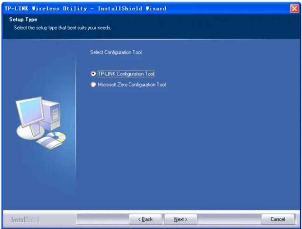 TP-LINK Wireless Utility - InstallShield Wizard Setup Type Select the setup type that best suits your needs. Select Configuration Tool ● TP-LINK Configuration Tool ● Microsoft Zero Configuration Tool InstallShield < Back Next > Cancel