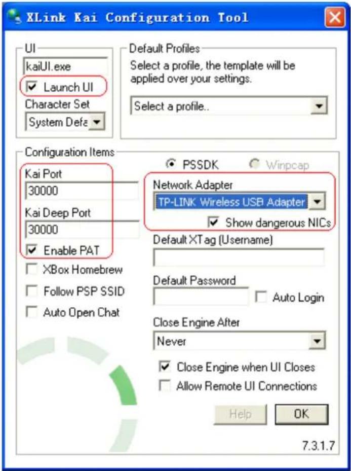 XLink Kai Configuration Tool UI kaiUI.exe ✓ Launch UI Character Set System Defe Default Profiles Select a profile, the template will be applied over your settings. Select a profile... Configuration Items Kai Port 30000 Kai Deep Port 30000 ✓ Enable PAT ✓ Network Adapter TP-LINK Wireless USB Adapter ✓…