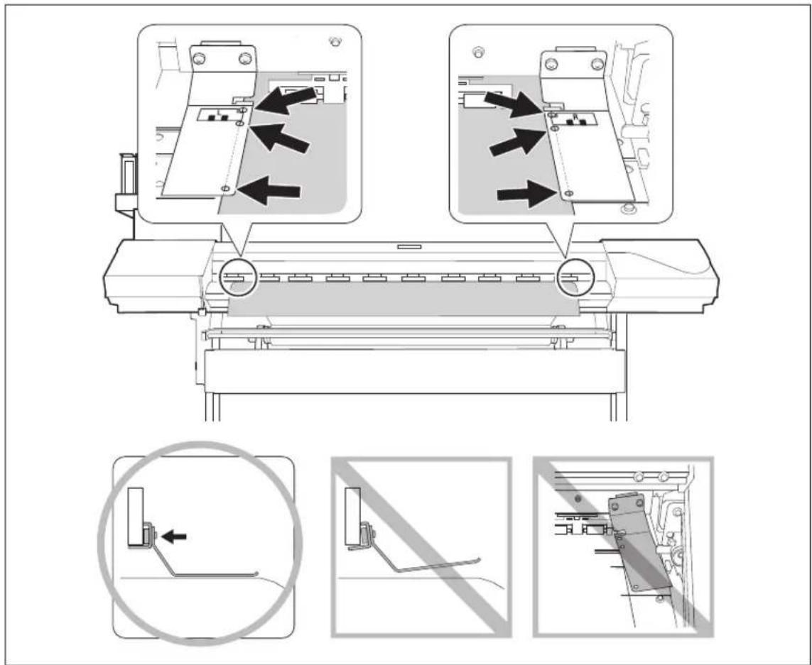 Technical diagram showing a printer assembly process with directional arrows indicating movement and disassembly steps.