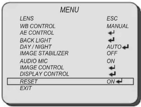 MENU OBJECTIF ESC CONTRÔLE BALANCE DES BLANCS MANUEL CONTRÔLE AE ← RÉTROÉCLAIRAGE ← JOUR / NUIT AUTO STABILISATEUR D'IMAGE DÉSACTIVÉ MICRO AUDIO ACTIVÉ CONTRÔLE D'IMAGE ← CONTRÔLE D'AFFICHAGE ← RÉINITIALISATION ACTIVÉE SORTIE