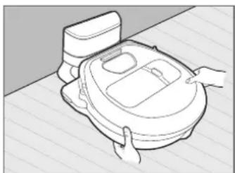 Illustration af en robotstøvsuger med hænder, der justerer komponenten (ingen tekst eller symboler)