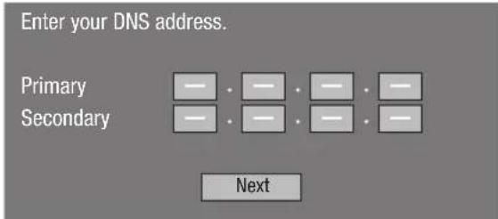 Enter your DNS address. Primary Secondary — — — — — — — — — — Next