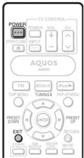 TV CONTROL POWER POWER VOL CH INPUT OPEN/CLOSE AQUOS AUDIO FM BD/AUX iPod/> TOP MENU TUNING POP-UP MENU PRESET DOWN ENTER PRESET UP EXIT DYNAMIC SUB CENTER RETURN VOL WOOPER LEVEL MUTE