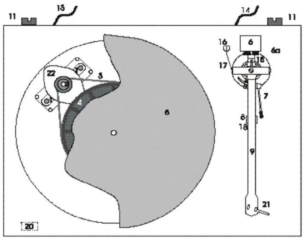 Technical diagram showing a mechanical assembly with numbered components and a separate schematic view of a device.