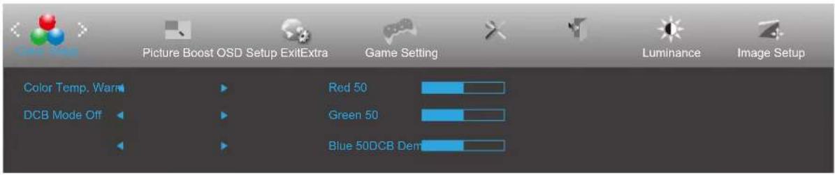 Picture Boost OSD Setup ExitExtra Game Setting Luminance Image Setup Color Temp. Warm DCB Mode Off Red 50 Green 50 Blue 50 DCB Dem