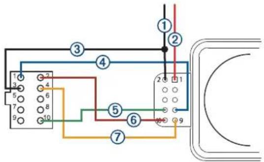 Electrical wiring diagram showing connections between numbered components and a curved arc, likely for electrical or mechanical wiring.
