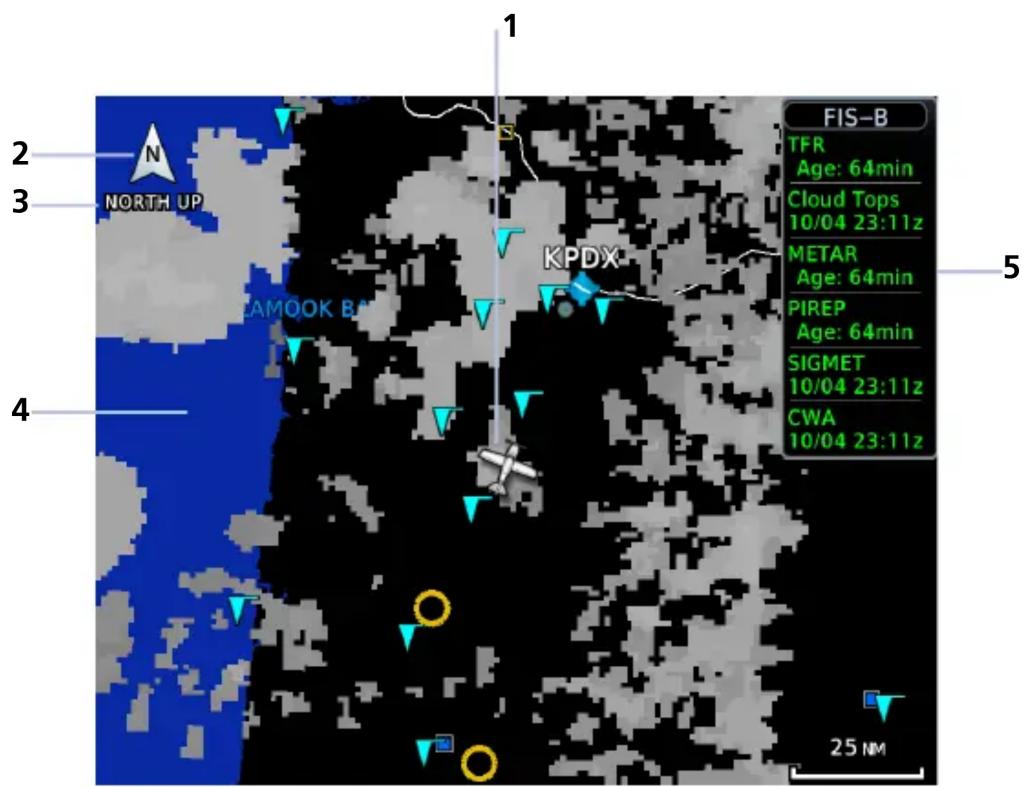 FIS-B TFR Age: 64min Cloud Tops 10/04 23:11z METAR Age: 64min PIREP Age: 64min SIGMET 10/04 23:11z CWA 10/04 23:11z 25 NM KPDX NORTH UP CAMOOK B 4