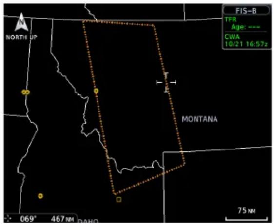 FIS-B TFR Age: --- CWA 10/21 16:57z NORTH UP MONTANA 069° 467 M DAHO 75 N