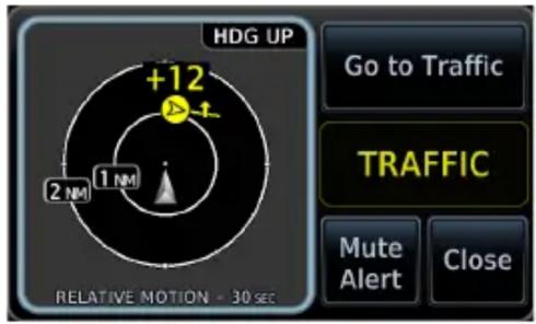 HDG UP +12 2 NM 1 NM RELATIVE MOTION - 30 SEC Go to Traffic TRAFFIC Mute Alert Close