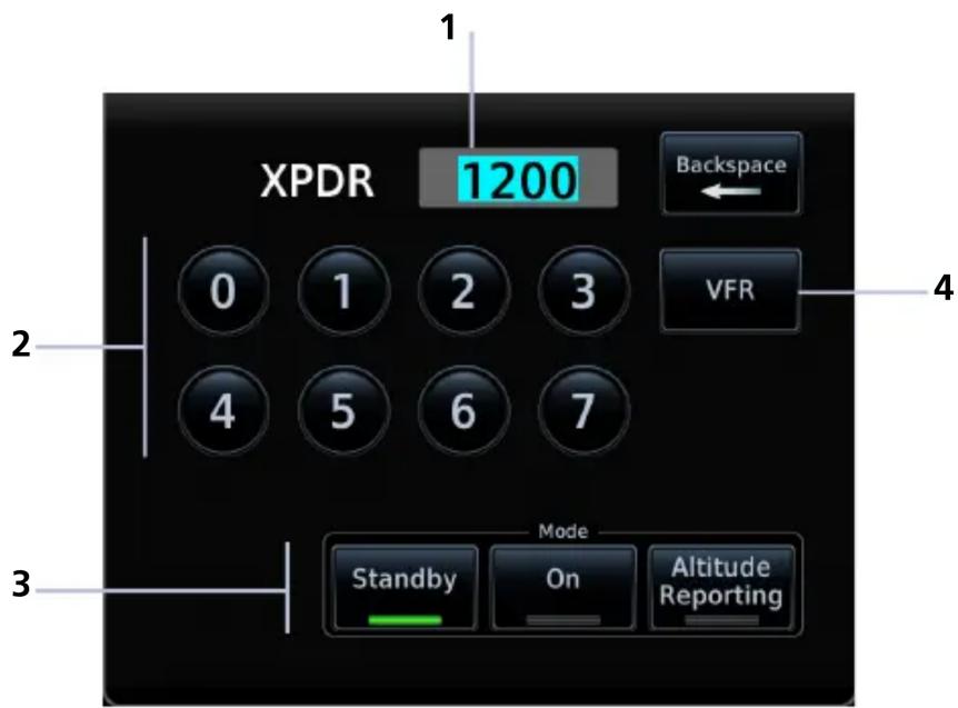 XPDR 1200 Backspace 0 1 2 3 VFR 4 5 6 7 Mode Standby On Altitude Reporting