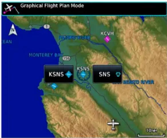 Graphical Flight Plan Mode KSNS KSVH MONTEREY BAY 156 SNS KGVH MONTEREY BAY 10 km