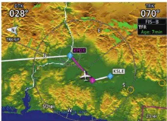 DTK 028° TRK 070° FIS-B TFR Age: 7min N TRKUP E KPDX KSLE S 50mm W 25mm