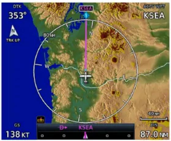 DTK 353° KSEA AGY WPT KSEA N 80.1M W E 40.1M GS 138 KT D→ KSEA 87.0 NM TRK UP