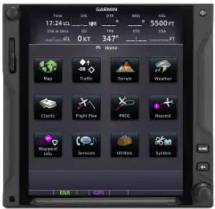 GARMIN Time 17:24 0Ω ---- NM ----° ----° 5500 FT EUA at DSH 0KT 347° :—FT Home Map Traffic Terrain Weather Charls Flight Plan PROC Refriger Raypoint Info Services Utilities System ENR GPS