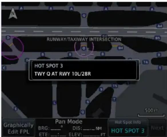 RUNWAY/TAXIWAY INTERSECTION HOT SPOT 3 TWY Q AT RWY 10L/2BR 500 ft Graphically Edit FPL Pan Mode BRG: _° DIS: _ NM ETE: _: ELEV: _FT Hot Spot Info HOT SPOT 3 Next