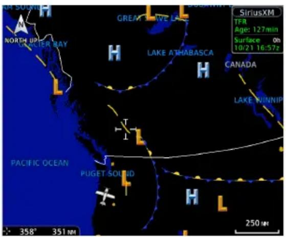 SIRIUSXM TFR Age: 127min Surface 0h 10/21 16:57z NORTH UPPER BAY GREAT SOUTHE LAKE LAKE ATHABASCA H CANADA LAKE WINNIP PACIFIC OCEAN PUGET SOLID H 358° 351 N 250 M