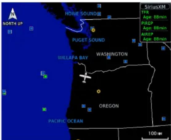 NORTH UP HOWE SOUND PUGET SOUND WILLAPA BAY WASHINGTON OREGON PACIFIC OCEAN SiriusXM TFR Age: 88min PIREP Age: 88min AIREP Age: 88min 100 M