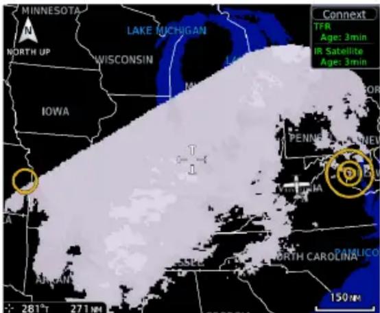 MINNESOTA N NORTH UP LAKE MICHIGAN WISCONSIN IOWA Connect TFR Age: 3min IR Satellite Age: 3min PENNE PARLICO BIRTH CAROLINA 150 m 281° T 271 m