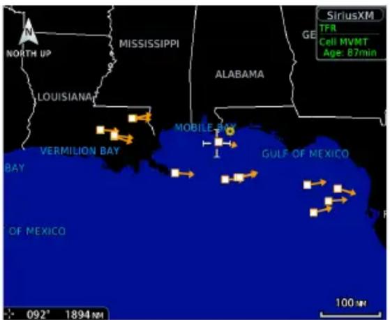 NORTH UP MISSISSIPPI GE ALABAMA LOUISIANAP VERMILION BAY MOBILE BAY 1 GULF OF MEXICO BAY OF MEXICO 092° 1894 N SiriusXM TFR Cell MVMT Age: 87min 100 m