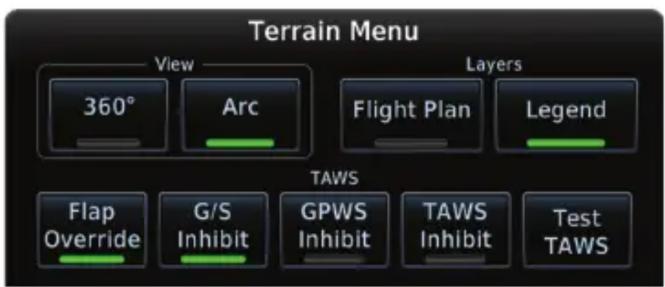 Terrain Menu View 360° Arc Layers Flight Plan Legend TAWS Flap Override G/S Inhibit GPWS Inhibit TAWS Inhibit Test TAWS